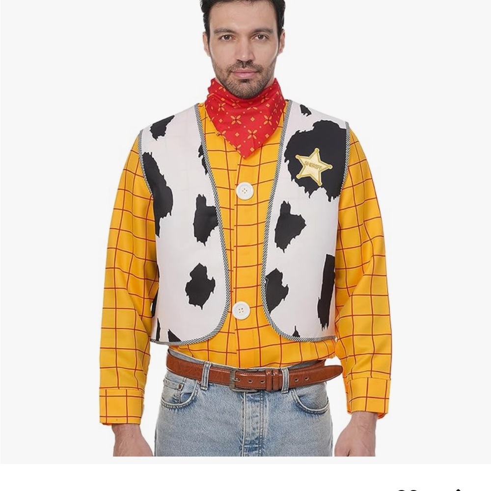 Toy Story men’s Woody Costume Cow Print Vest with Yellow Checkered Shirt